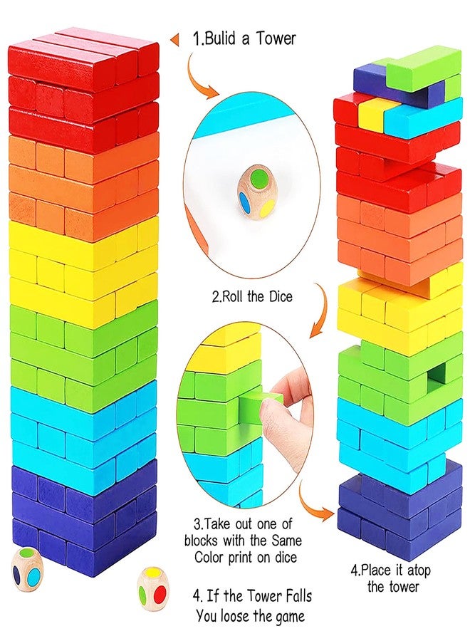 VGRASSP Stacking and Balancing Wooden Blocks Toy for Kids - Classic Falling Tower Game for Family, Kids & Adults with Dice - Educational Puzzle Game (48 Pcs, Multicolor) - Image 4